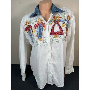 Vintage Medium Scarecrow Top Shirt Keren Hart Womens Retro Halloween Fall White